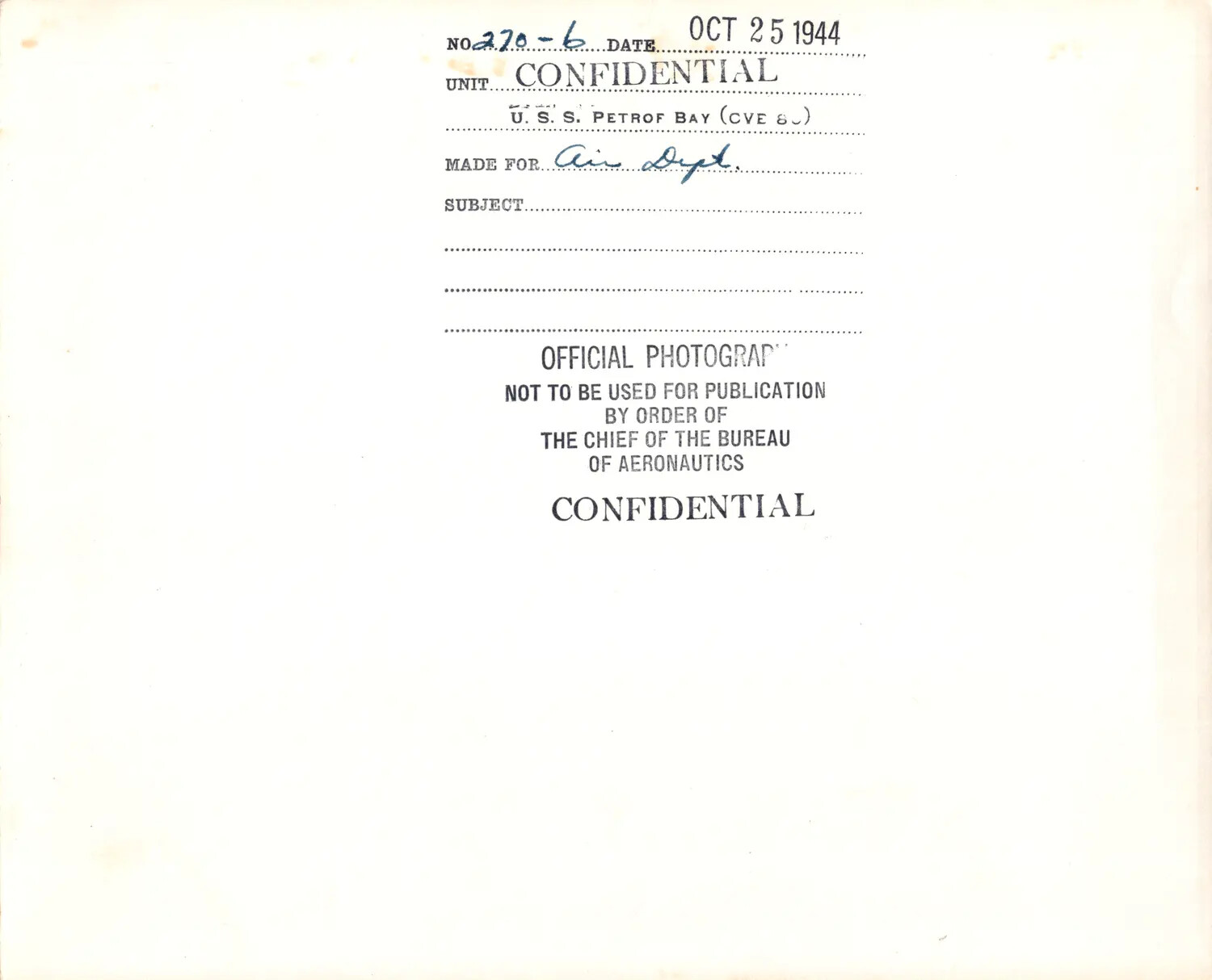Verso Caption Card, USS Petrof Bay (CVE-80) Official Photograph No. 270-6, October 25, 1944