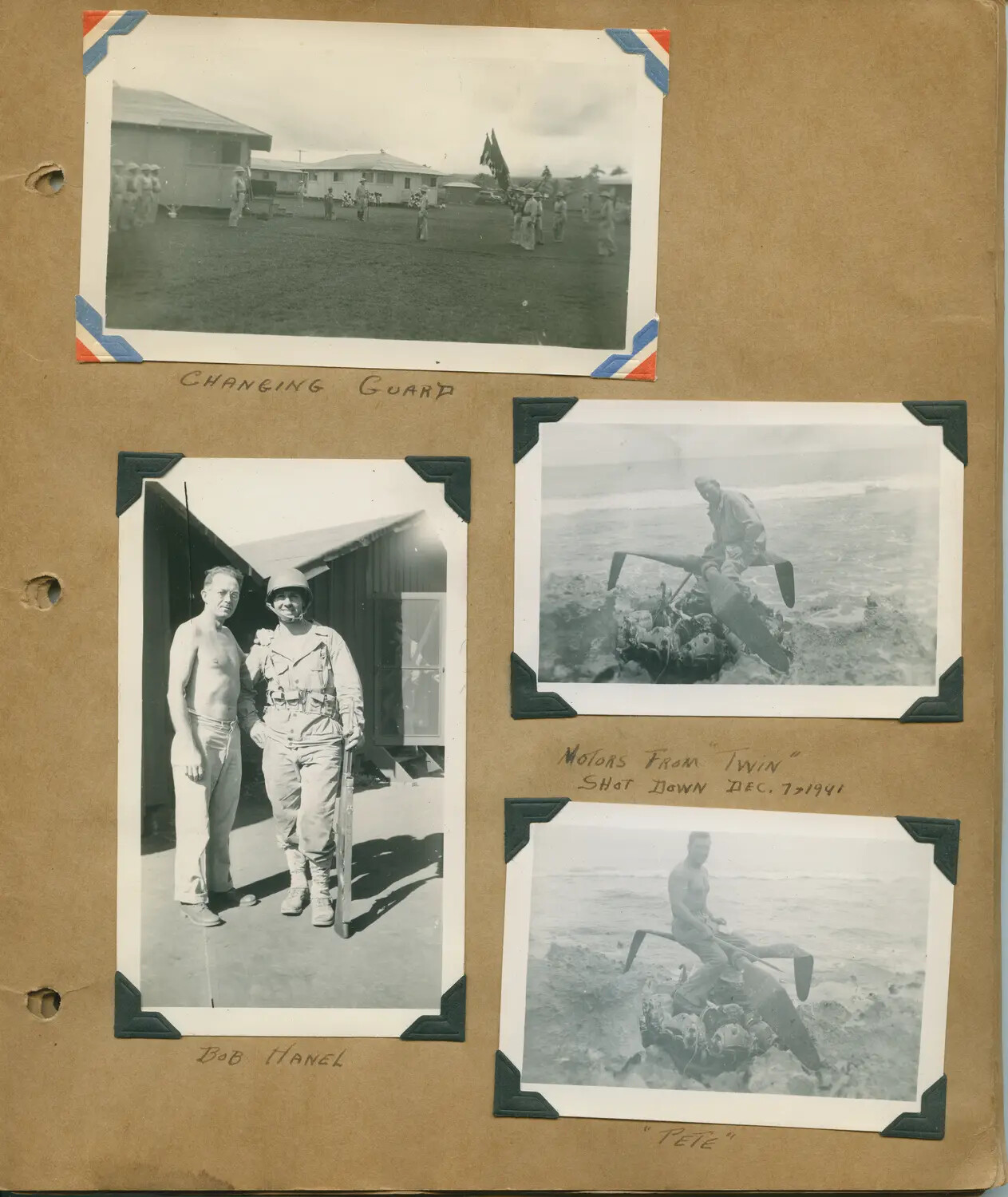 WWII Hawaii Photo Album Page: Guard Ceremony, Serviceman 'Bob Hanel' in Combat Gear, and Wreckage of Japanese Aircraft Shot Down December 7, 1941