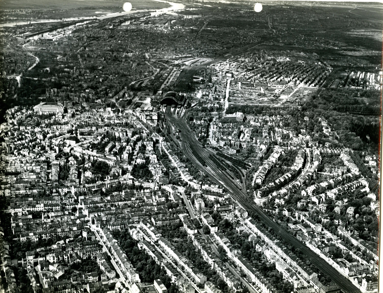 Aerial Reconnaissance Photograph of European City with Railway Station, WWII