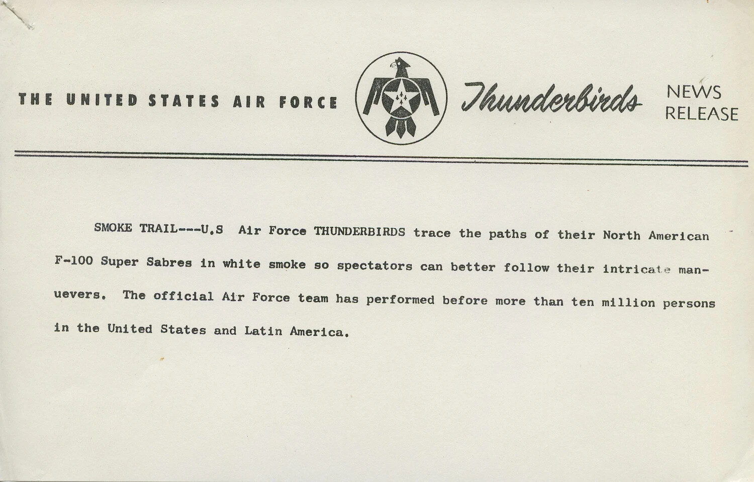 USAF Thunderbirds Official News Release Caption Sheet - 'Smoke Trail'