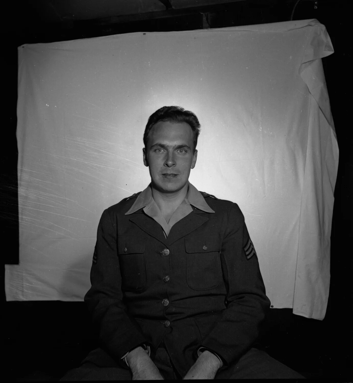 Studio Portrait of Sergeant in Service Uniform - Improvised Sheet Backdrop