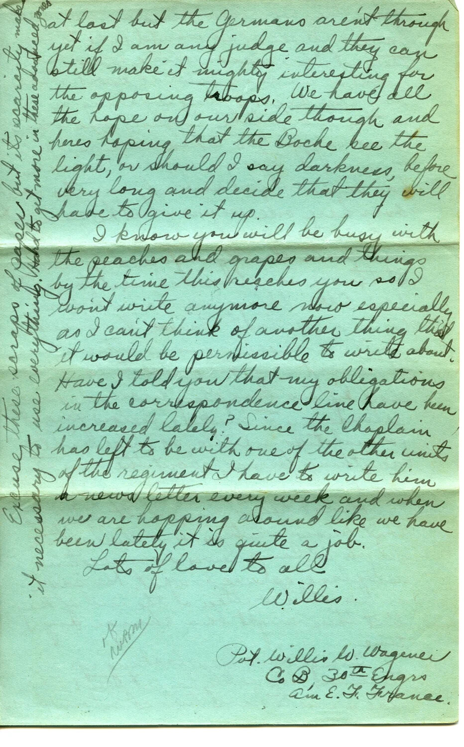 Handwritten WWI Letter from Pvt. Willis W. Wagener, Co. B, 30th Engineers, AEF France