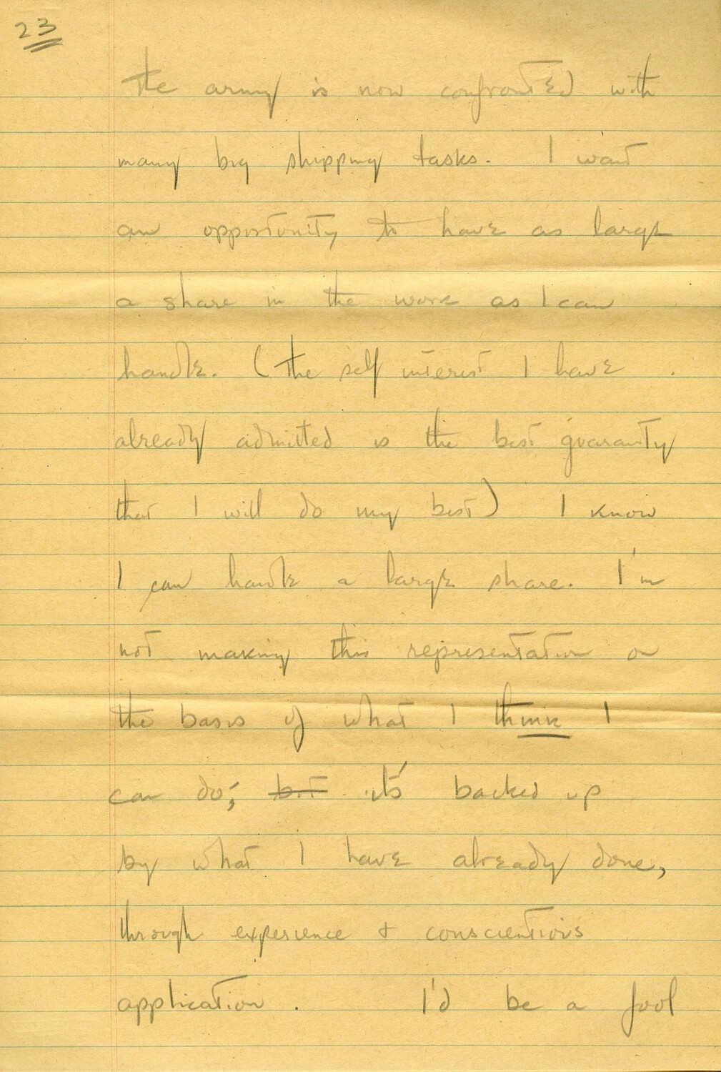 Handwritten Draft Memoir/Request Letter Page (Page 23), U.S. Army Transportation Officer, CBI Theater, WWII - Case for a Larger Shipping Assignment