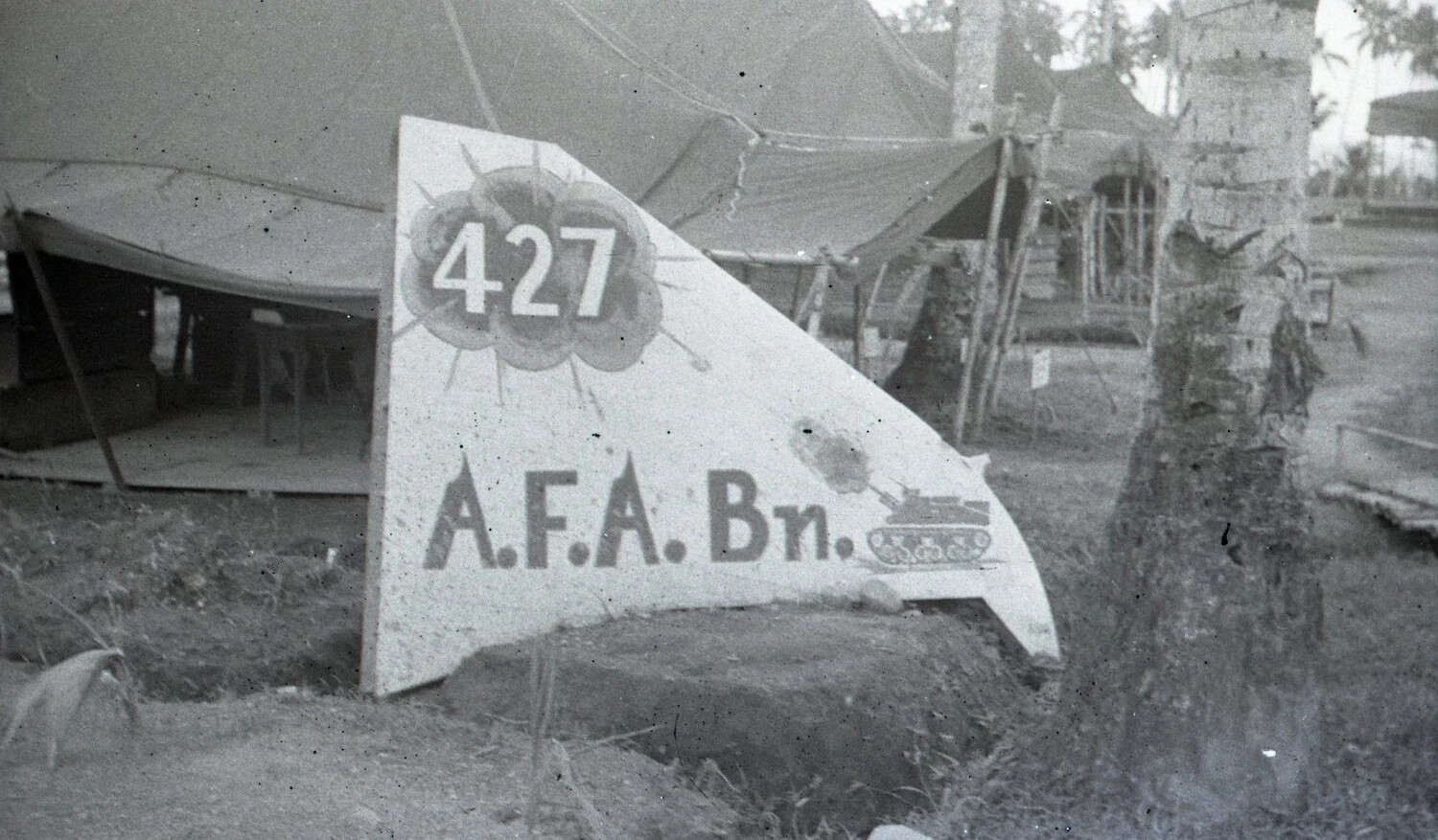 Unit Sign, 427th Armored Field Artillery Battalion, Bivouac Area, Luzon, Philippines, WWII