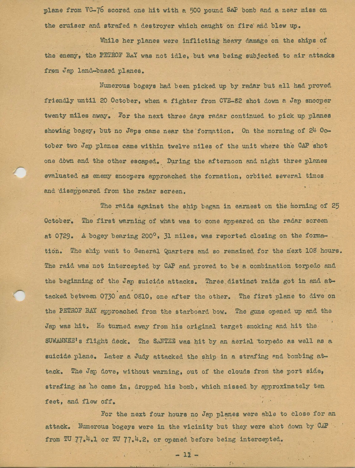 Typed Page 11: USS Petrof Bay (CVE-80) Action Report Describing Battle off Samar and Early Kamikaze Attacks, October 1944