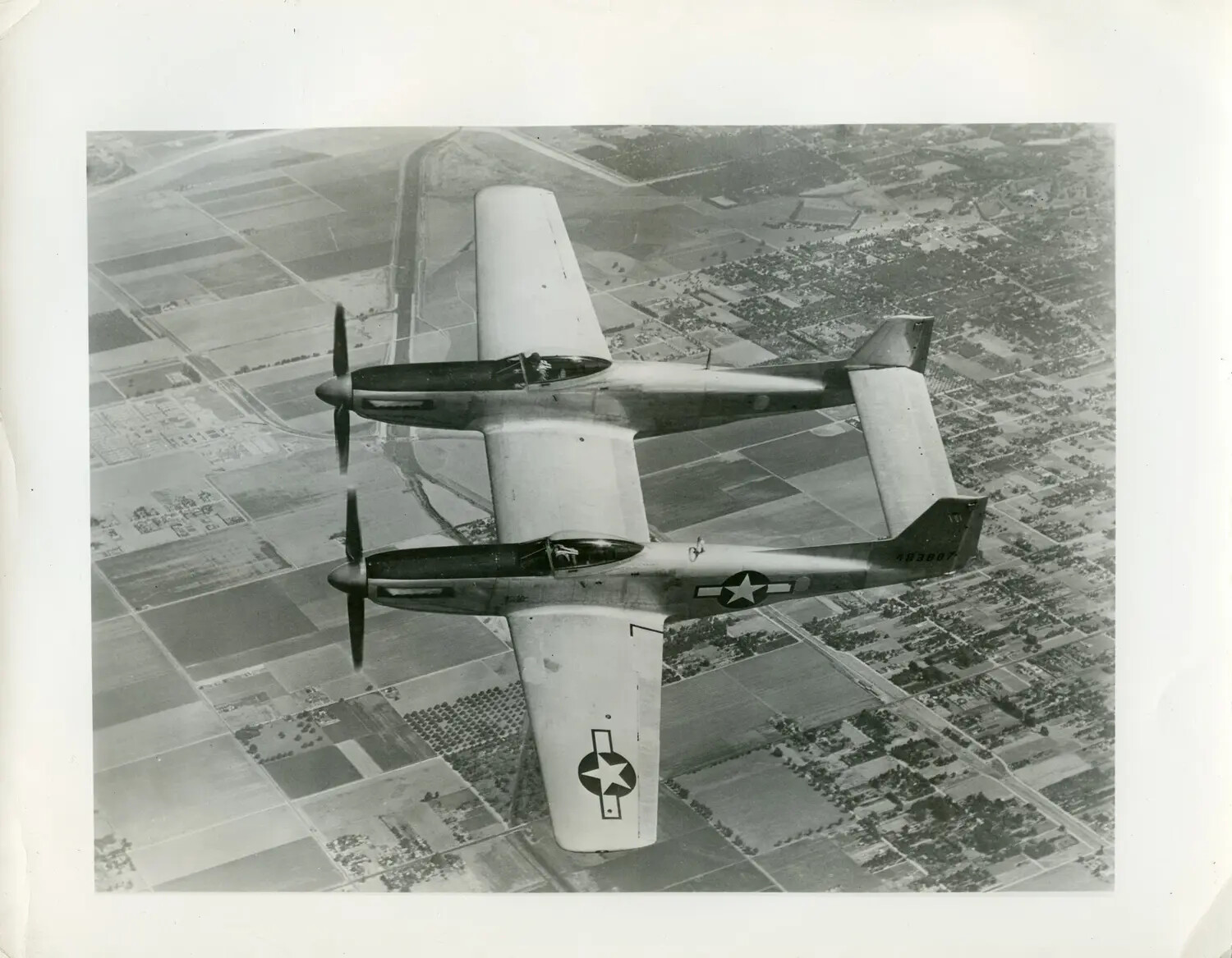 North American F-82 Twin Mustang in Flight Over Farmland