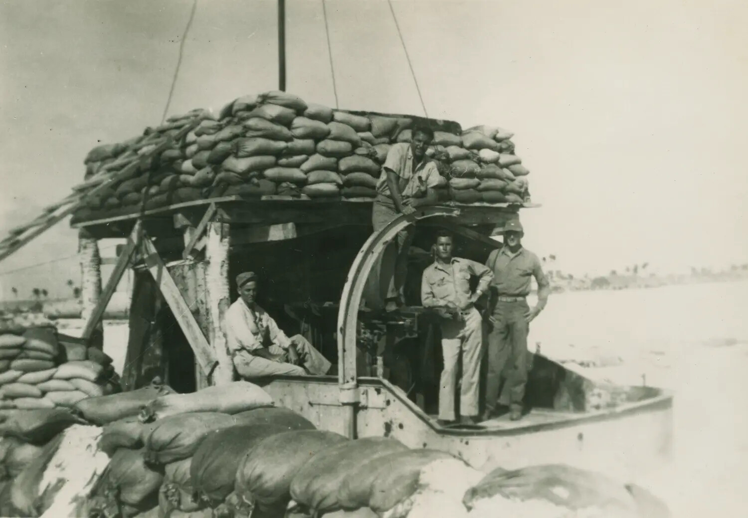 Sandbagged Gun Emplacement with Servicemen, Pacific Theater, WWII (McAleer Collection)