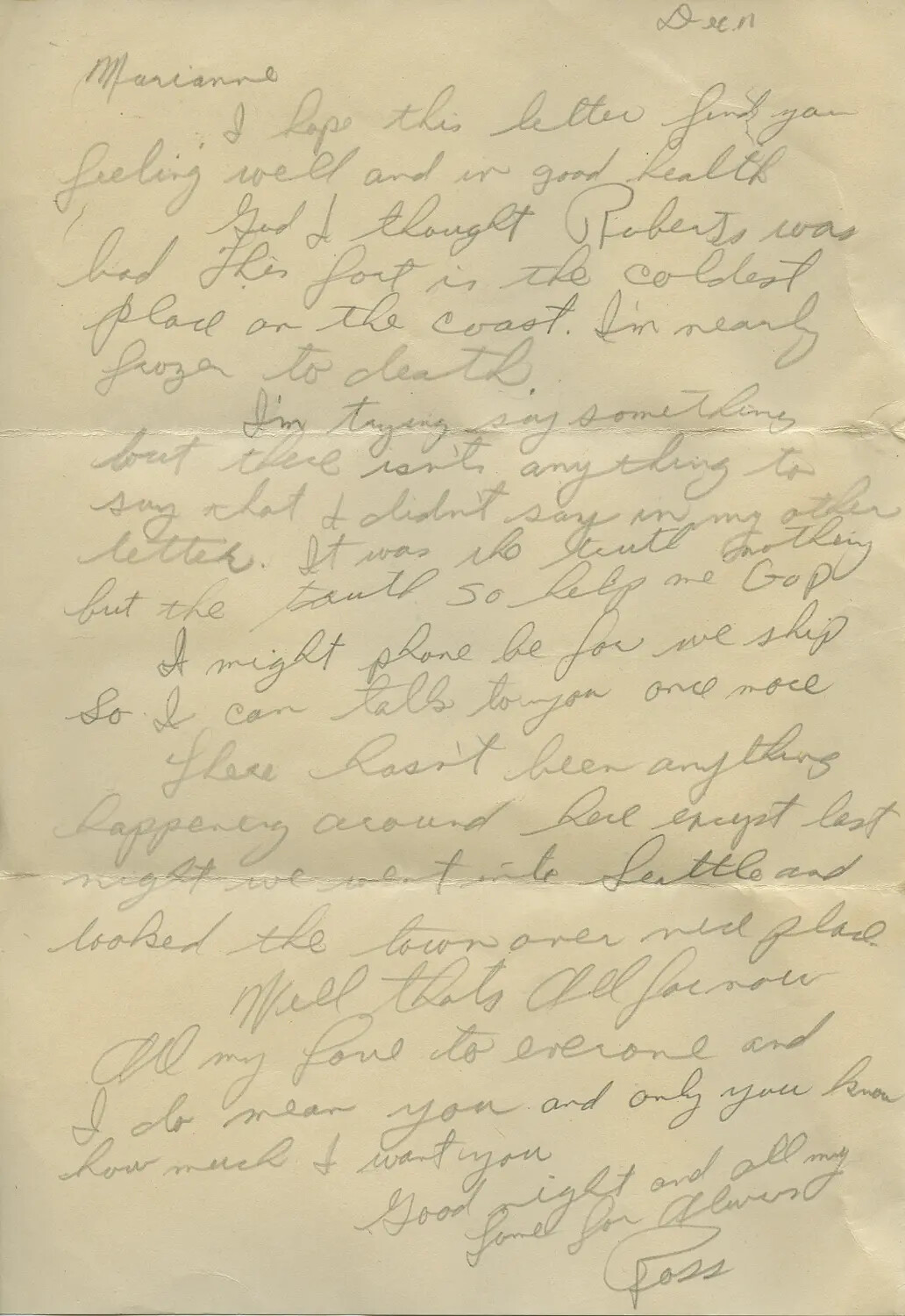 Handwritten Letter from Ross to Marianne, 'Dec. 11', WWII Era