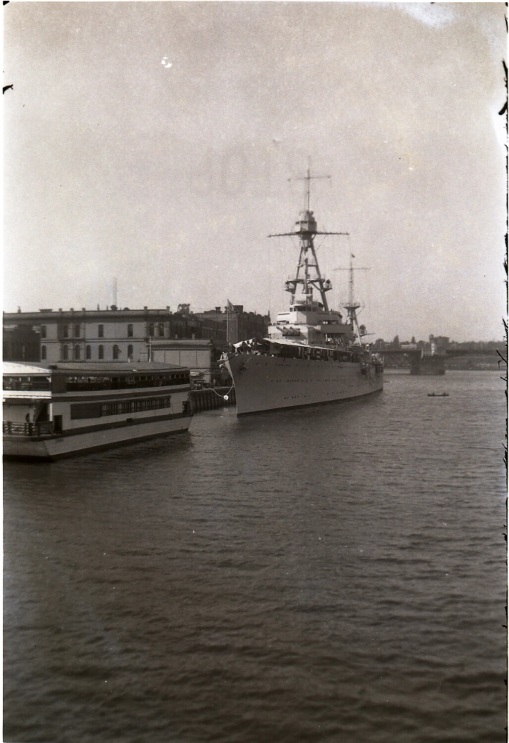 Foreign Warship Moored at a Chinese River Wharf, WWII-Era China Negatives Collection