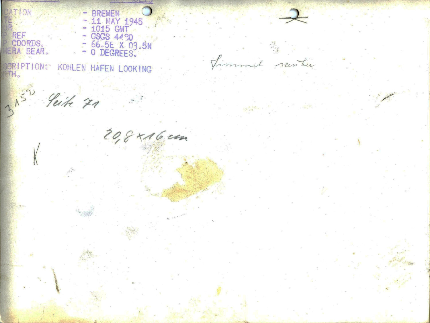 Caption Card for Aerial Reconnaissance Photograph, Kohlenhafen, Bremen, 11 May 1945