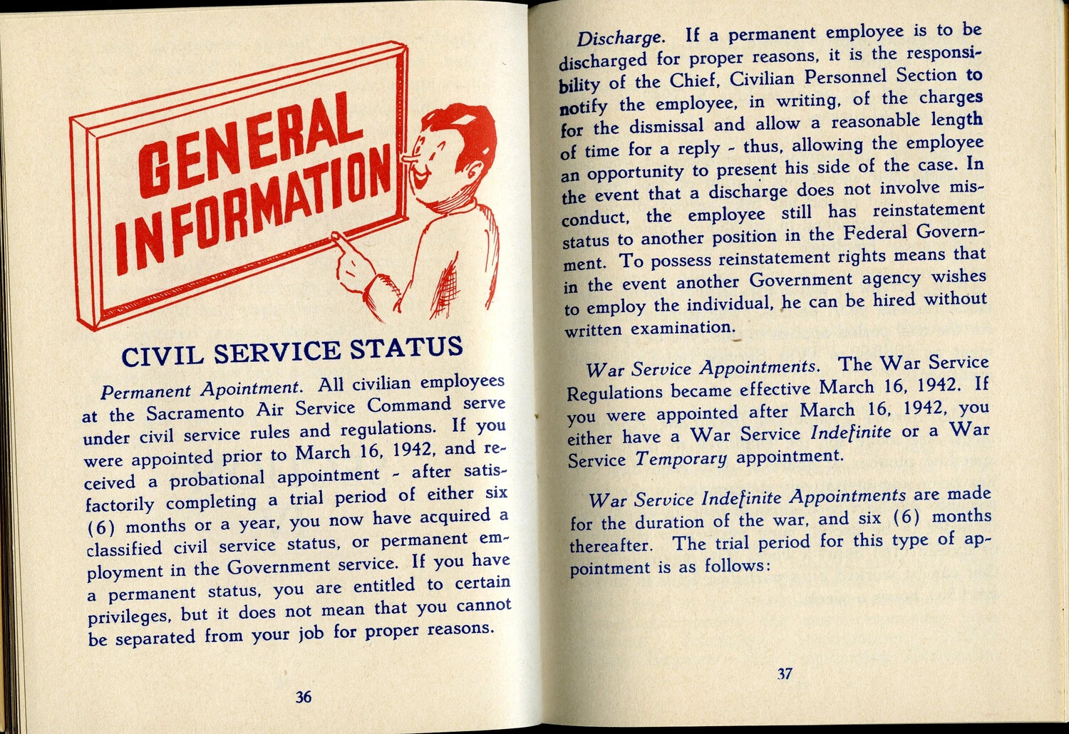 McClellan Field Personal Guide Booklet, Pages 36-37: Civil Service Status and War Service Appointments