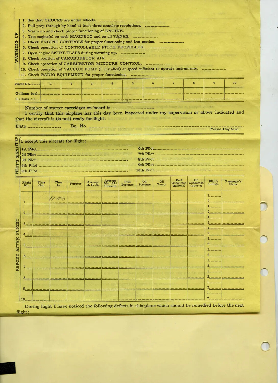 U.S. Military Aircraft Flight Log and Pre-Flight Checklist Form