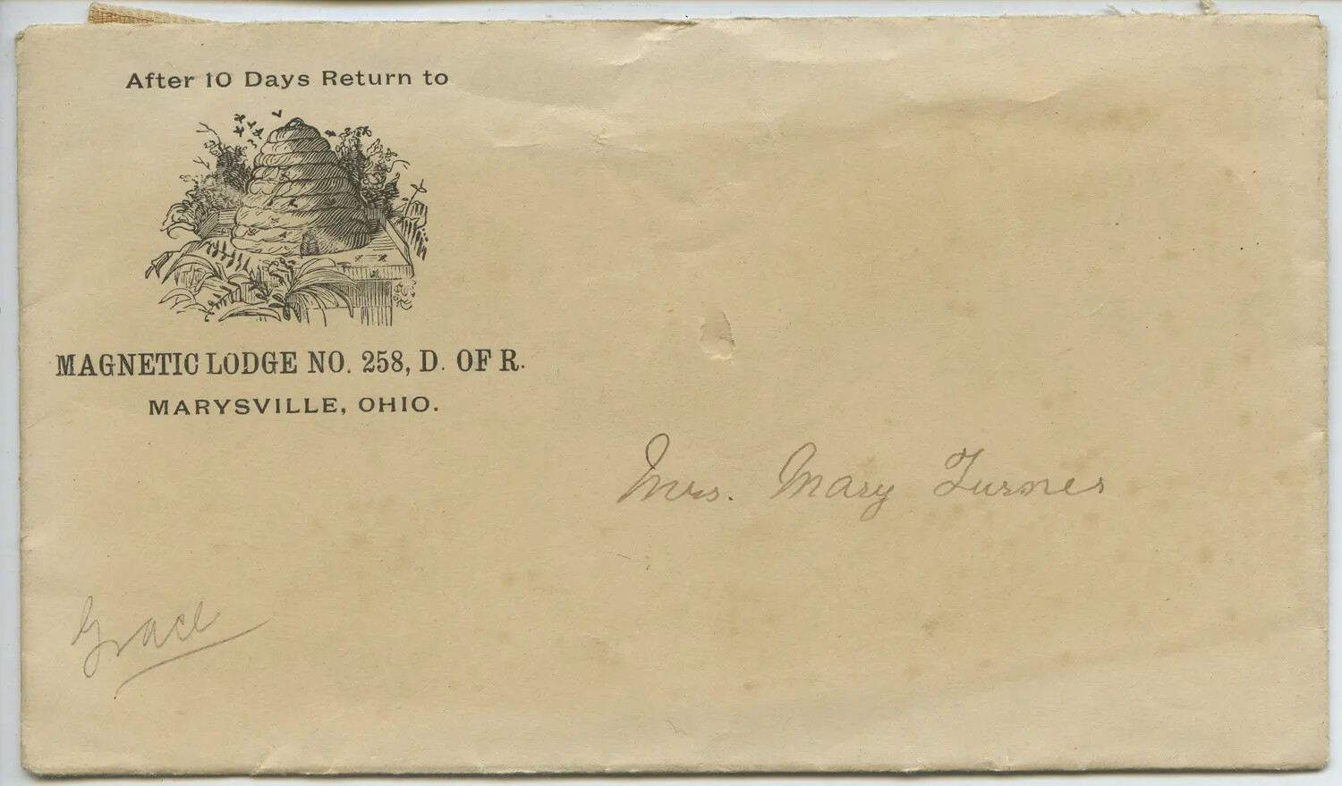 Envelope from Magnetic Lodge No. 258, Degree of Rebekah, Marysville, Ohio, Addressed to Mrs. Mary Turner