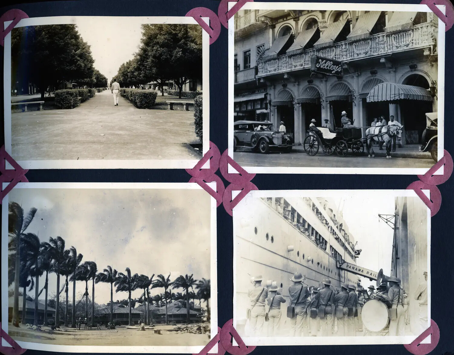 Panama Canal Zone Photo Album Page: Street Scenes, Kelley's Storefront, Palm-Lined Barracks, and Military Band Dockside Greeting a Panama Railroad Steamship