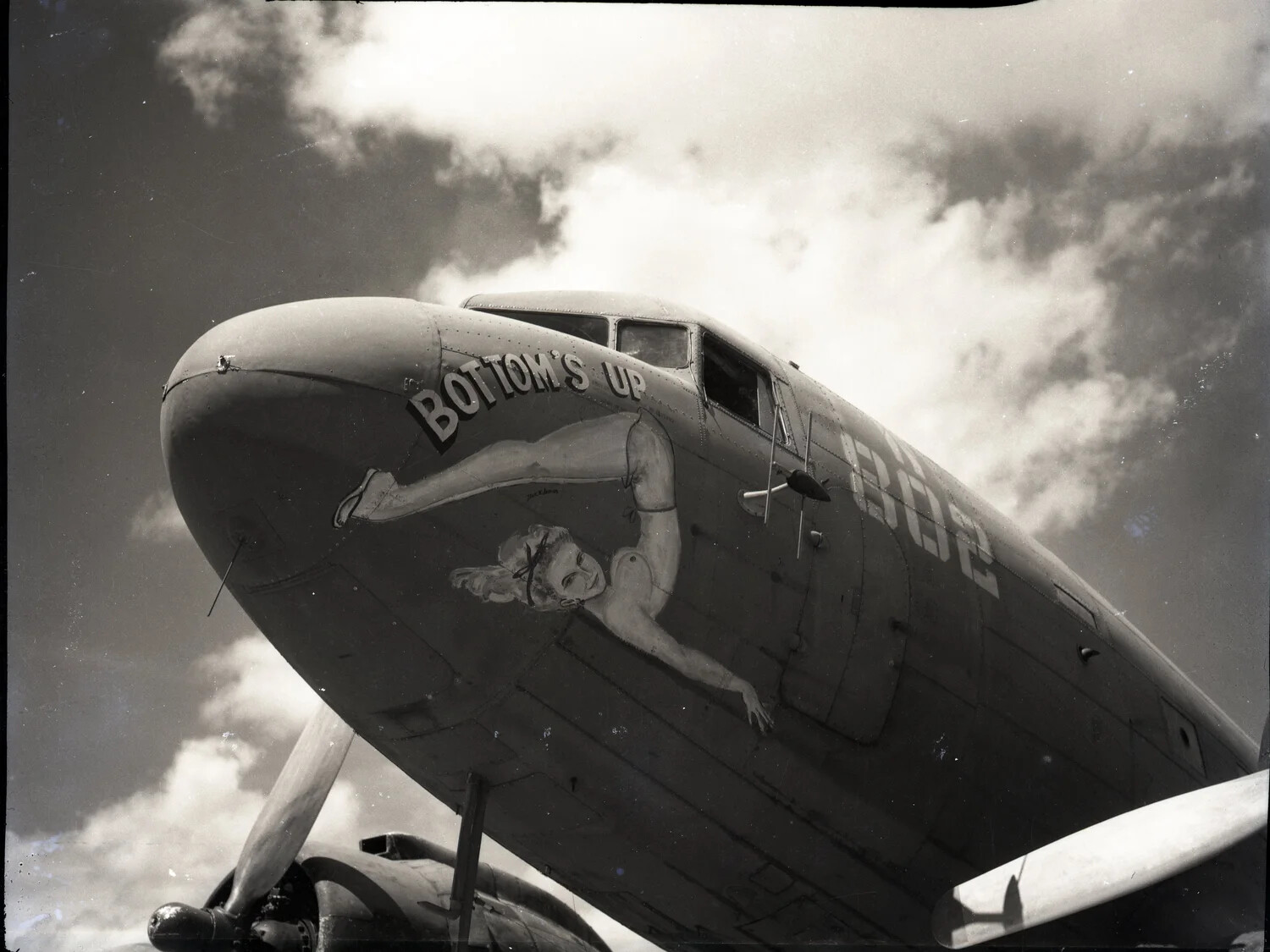 'BOTTOM'S UP' Nose Art on USAAF Twin-Engine Aircraft, Ie Shima, WWII Pacific Theater