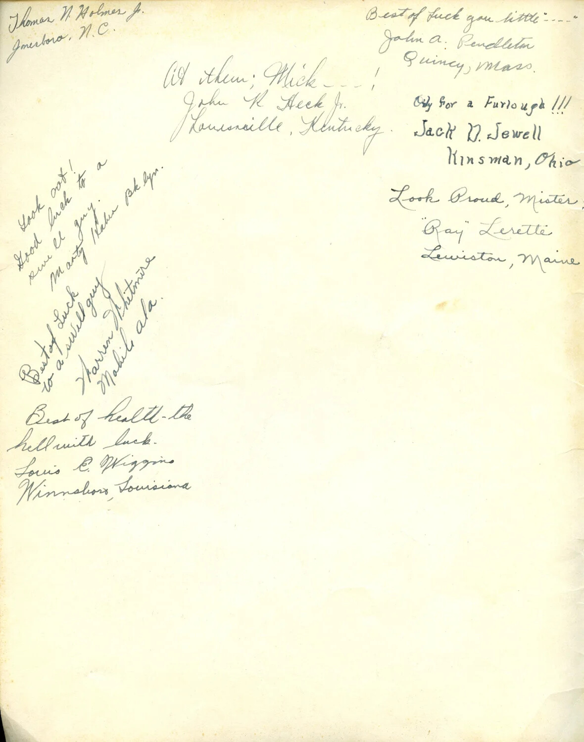 Cadet Autograph Page from WWII Army Air Forces Pre-Flight Training Booklet