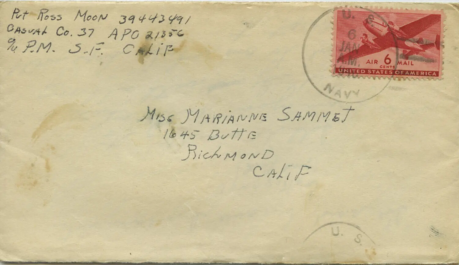 WWII Military Mail Envelope, Pvt. Ross Moon to Miss Marianne Sammet, Casual Co. 37, APO 21356