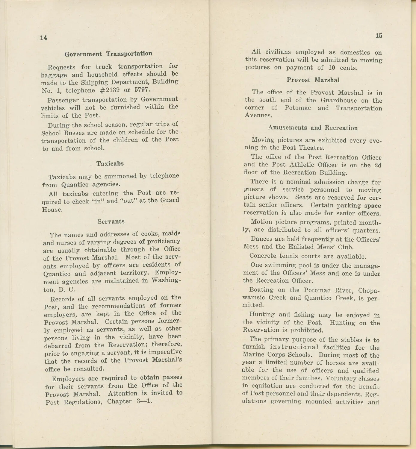 Marine Corps Base Quantico Post Information Booklet, Pages 14-15 (McAleer Collection)