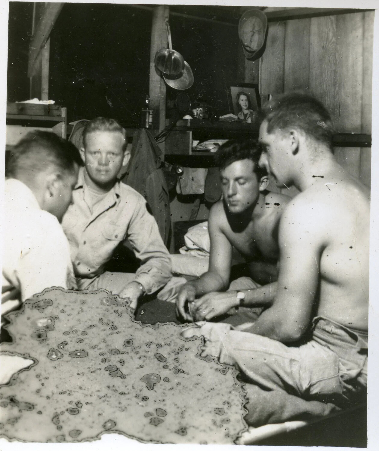 Servicemen Playing Cards in Barracks Interior, World War II
