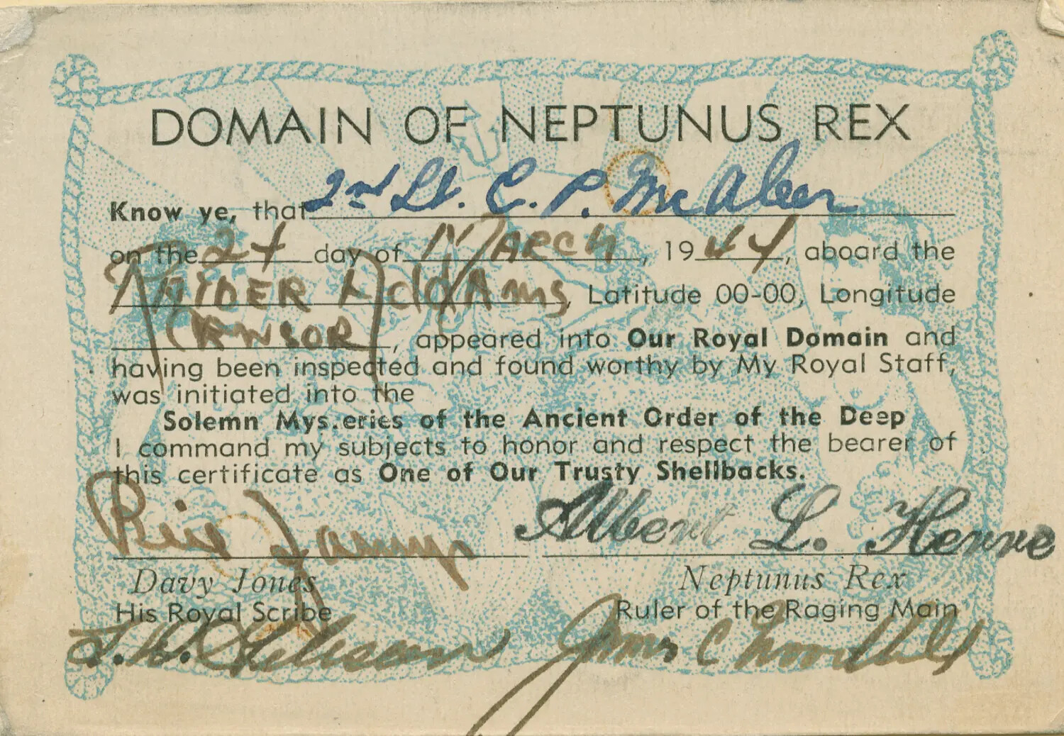 WWII 'Crossing the Line' Shellback Certificate for 2nd Lt. C.P. McAleer, Dated March 24, 1944