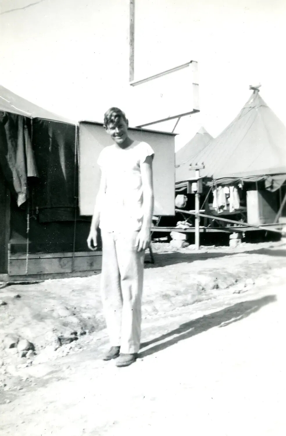 Marine in Skivvy Shirt at Tent Camp, 5th Marine Division, Pacific Theater, WWII