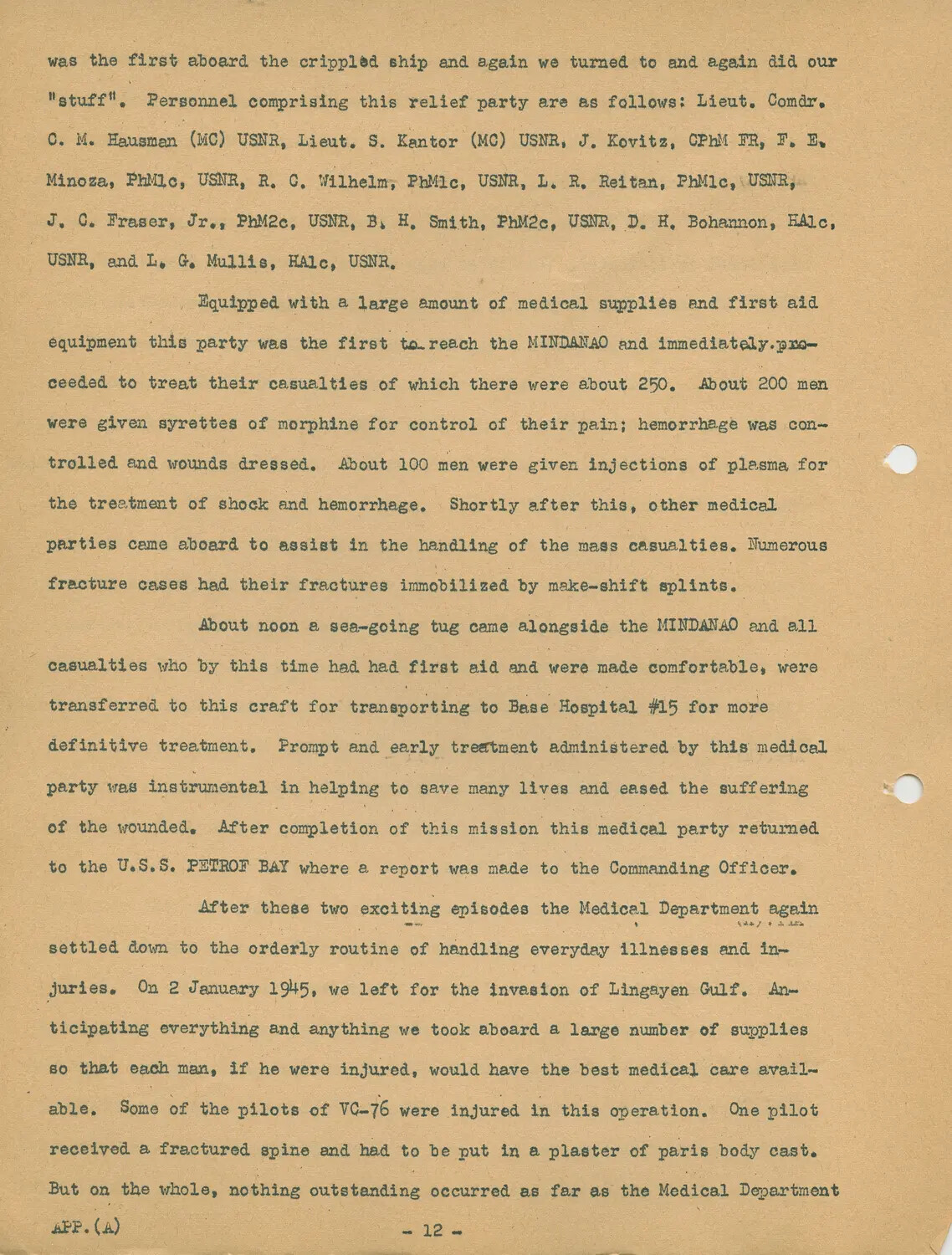 USS Petrof Bay (CVE-80) Ship's History, Appendix (A), Page 12 - Medical Relief Party Aboard USS Mindanao and Lingayen Gulf Invasion