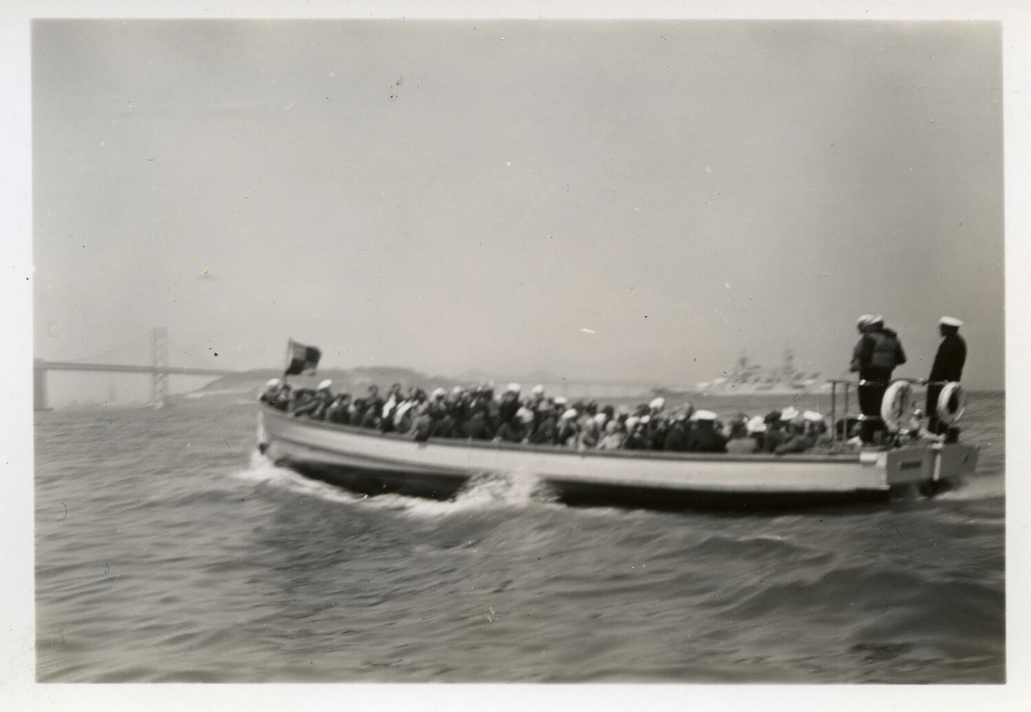 U.S. Navy Liberty Launch Loaded with Sailors, San Francisco Bay, WWII