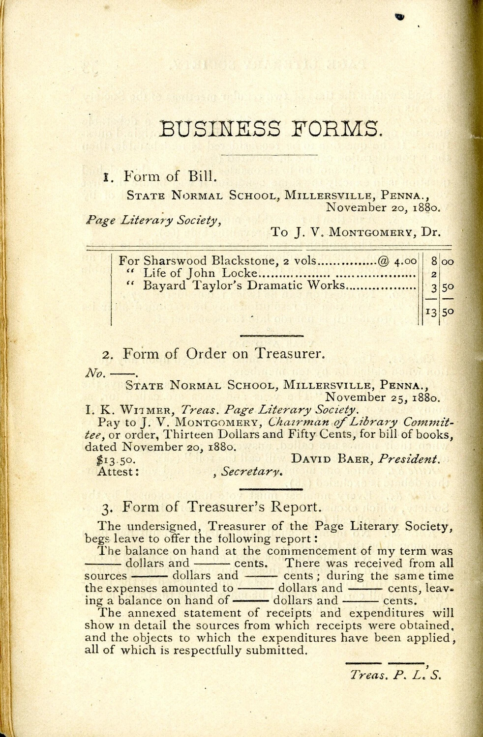 Page Literary Society Business Forms Page, State Normal School, Millersville, Pennsylvania, 1880