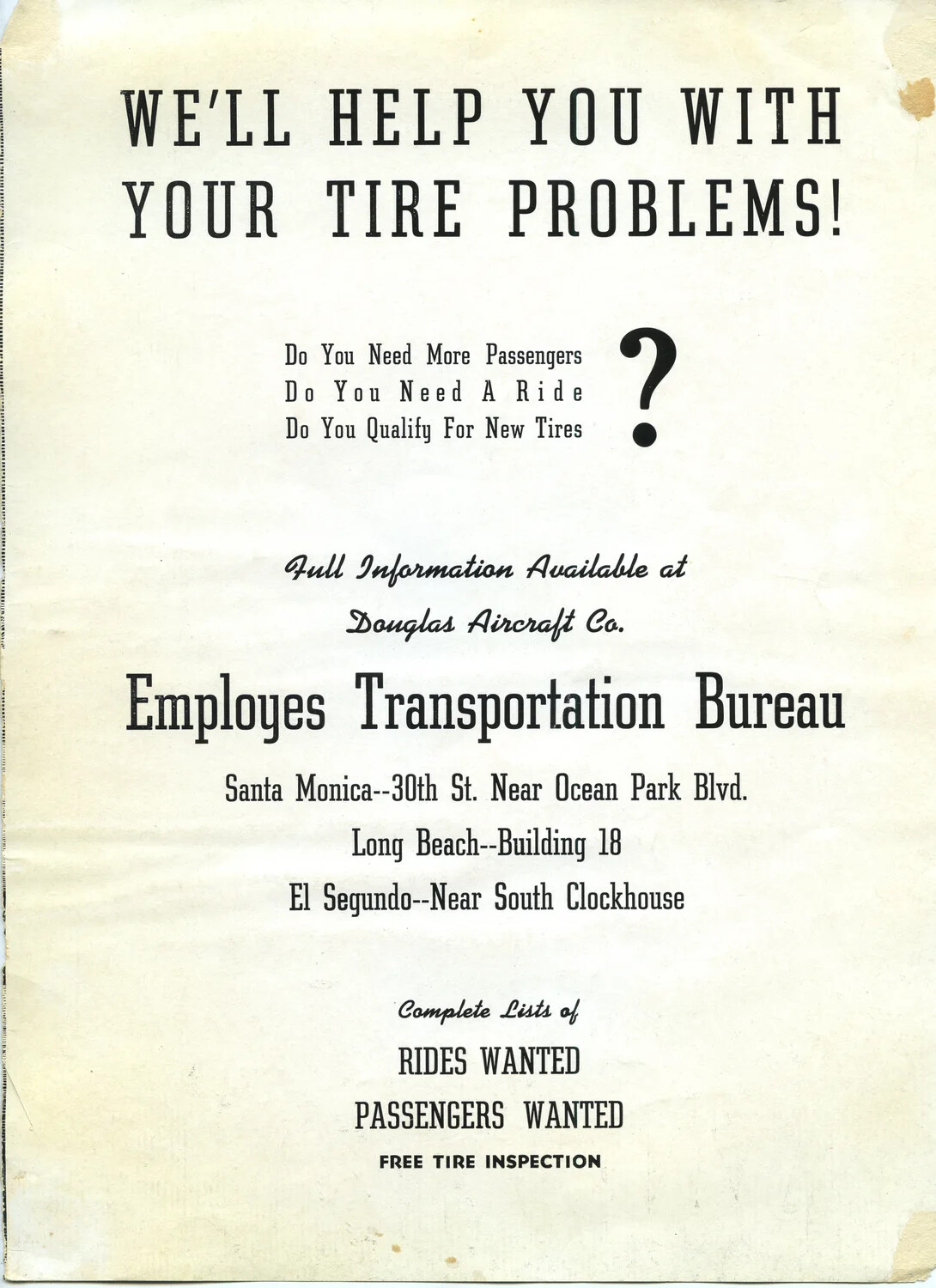 Douglas Aircraft Co. Employee Bulletin: Tire and Ridesharing Notice, WWII