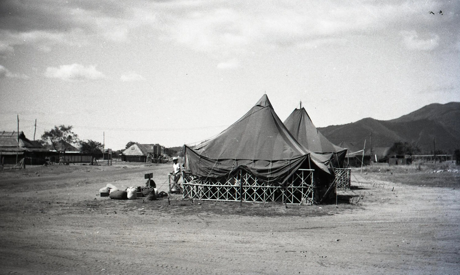 US Military Tent with Woven Bamboo Enclosure, Luzon, Philippines, WWII