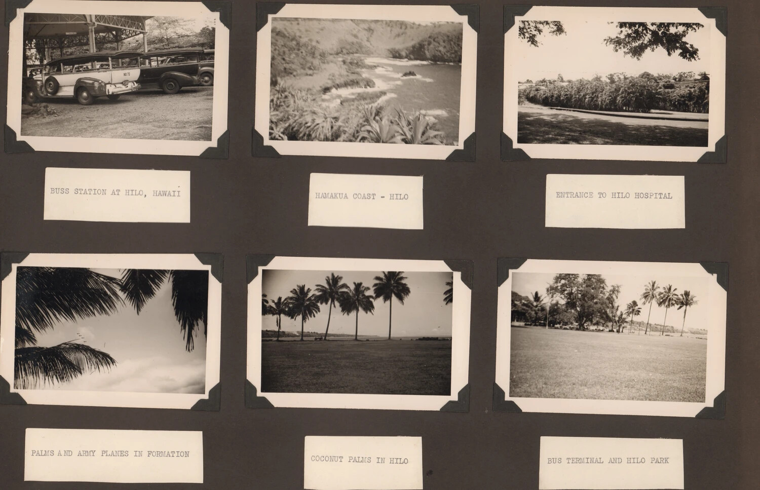 Scrapbook Album Page: Views of Hilo, Hawaii, Including Army Aircraft in Formation