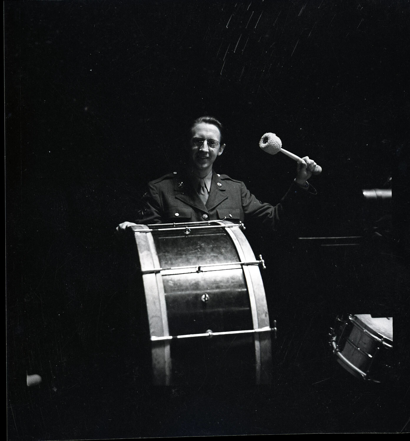 Portrait of a Military Band Bass Drummer with Mallet and Bass Drum, US Armed Forces, Mid-20th Century