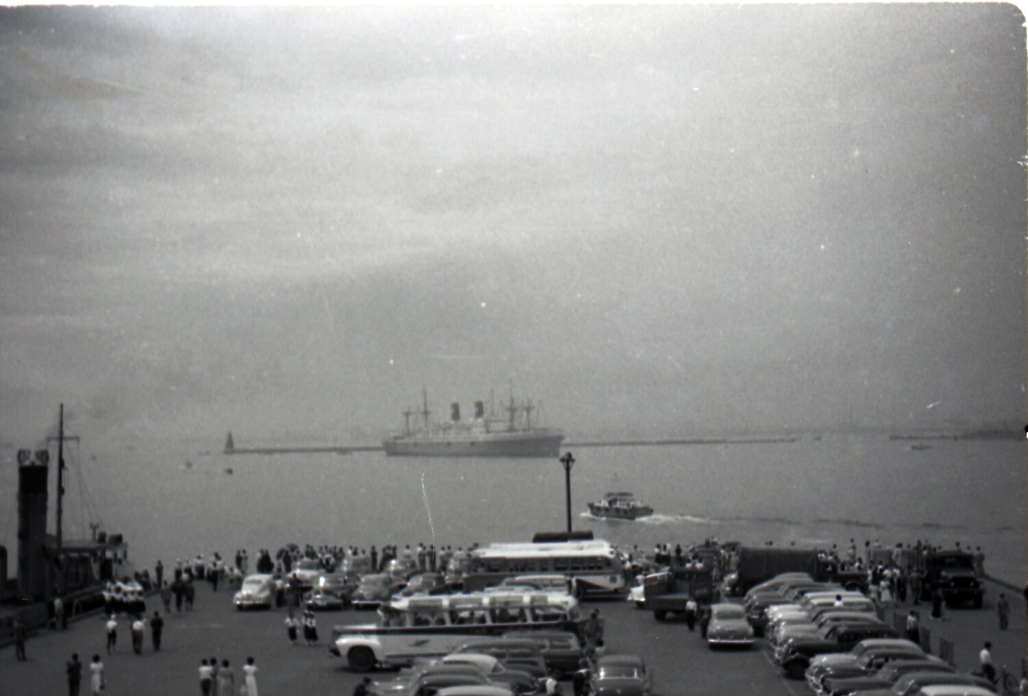 Pier View with Distant Ocean Liner, Yokohama Harbor, Japan, 1953