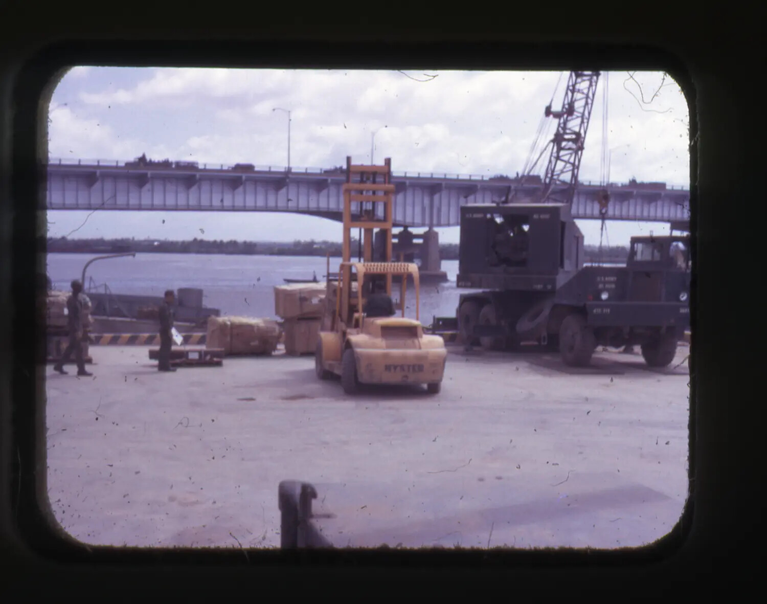 Dockside Cargo Operations with Forklift and Mobile Crane, Cam Ranh Bay, Vietnam War