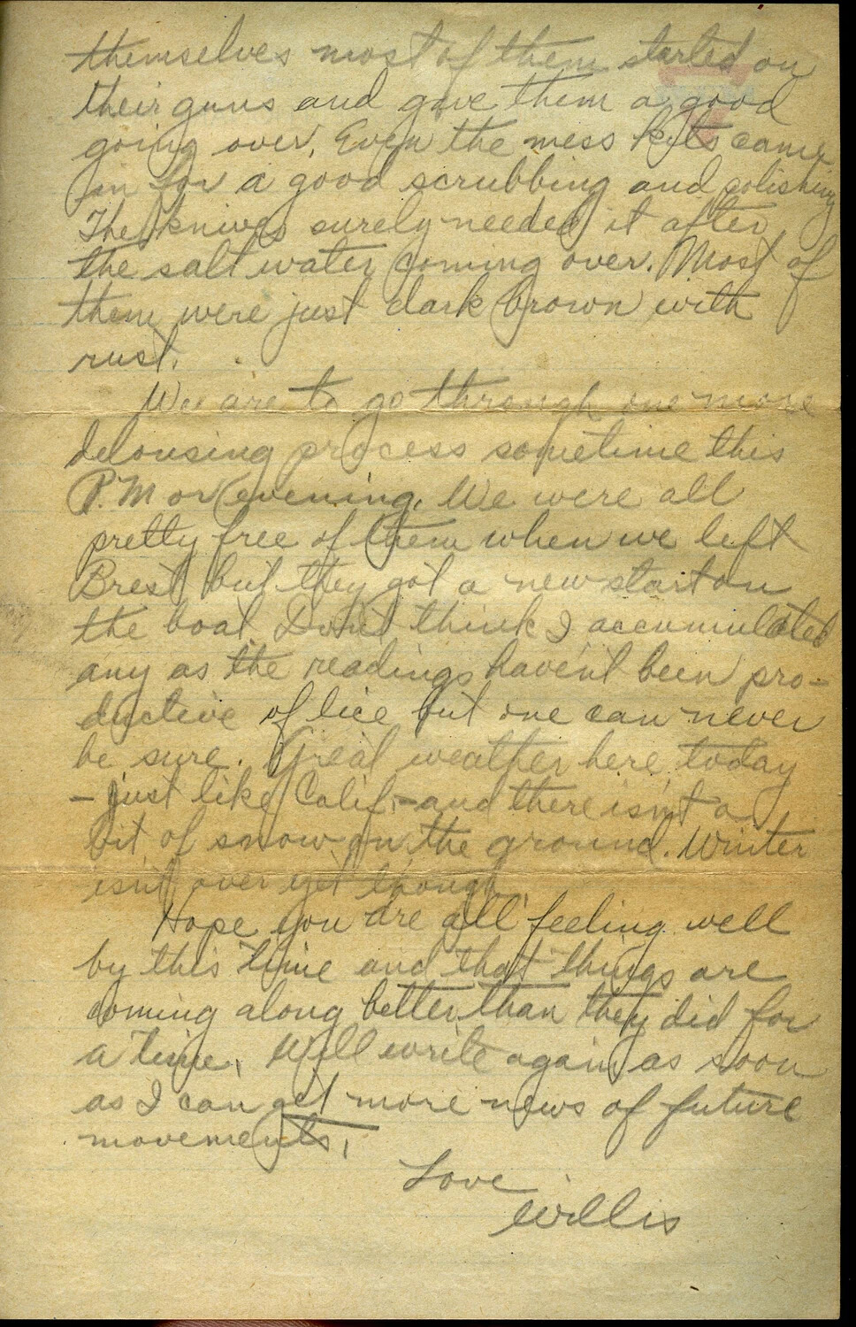 Handwritten Letter from Pvt. Willis W. Wagener, February 4, 1919 - Page Describing Return Voyage from Brest, France