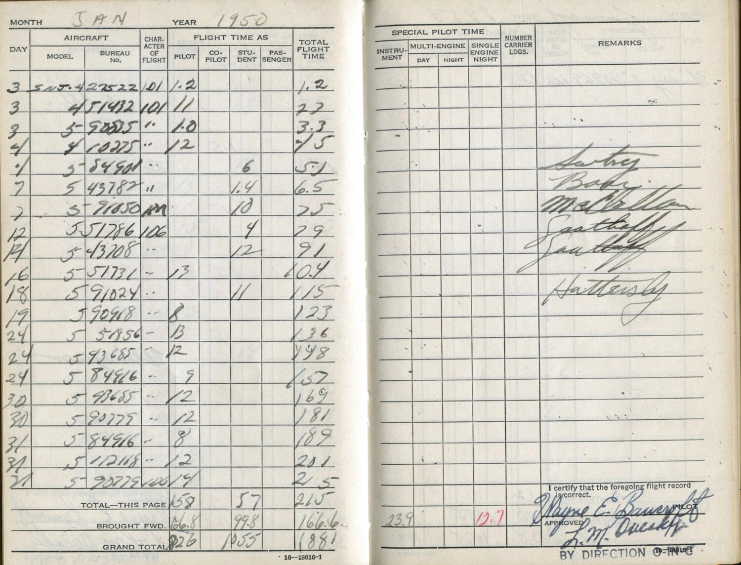 Pilot Flight Logbook Page, Wayne E. Bancroft, SNJ Training Flights, January 1950
