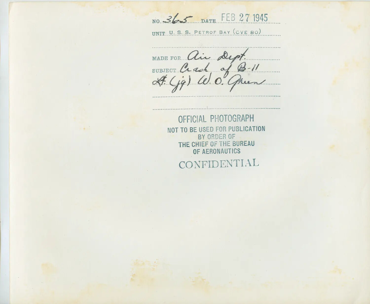 Verso Caption Card, USS Petrof Bay (CVE-80) Aircraft Crash Photograph, February 27, 1945