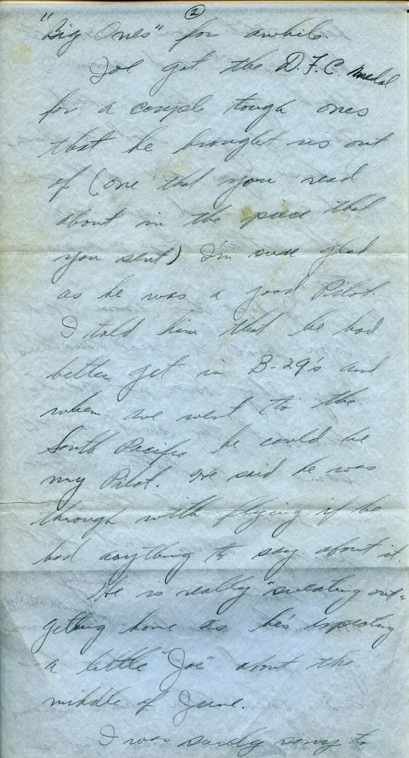 Handwritten WWII Letter, Page 2, Discussing D.F.C. Medal Award and Homefront News (Margaroli Collection, 1944)