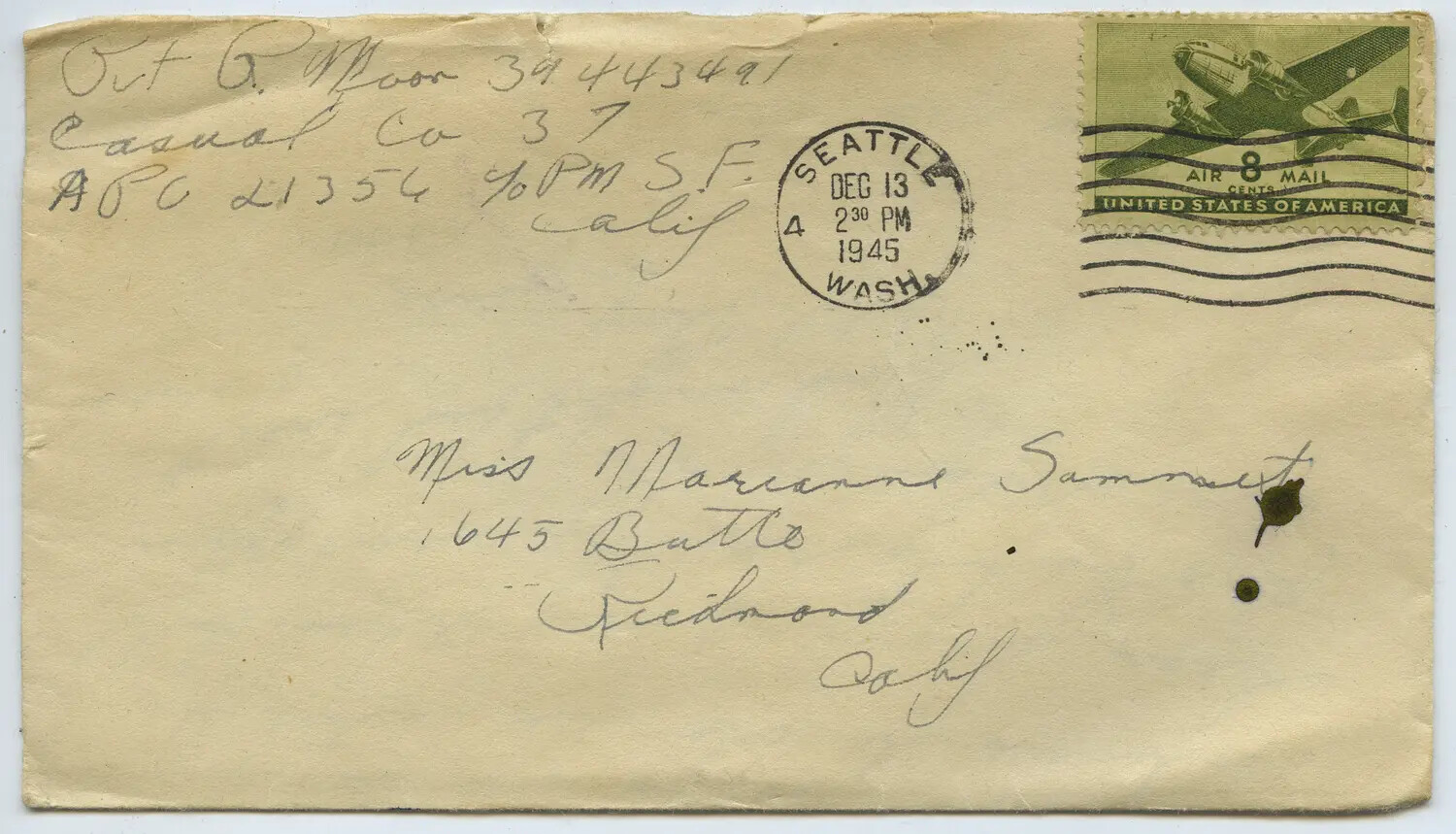 WWII-Era Mailed Envelope, Sgt. G. Moon to Miss Marianne Sammiet, December 1945