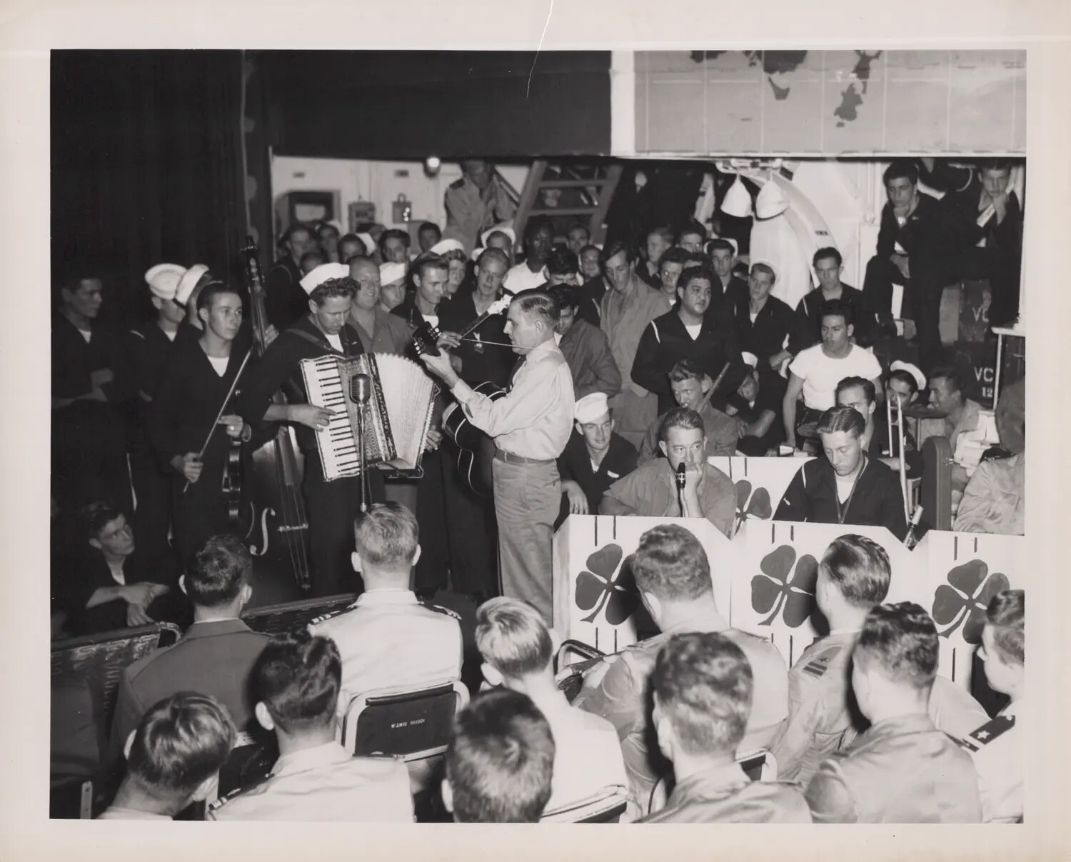 Shipboard Band Performance for Crew on Hangar Deck of U.S. Navy Escort Carrier, WWII