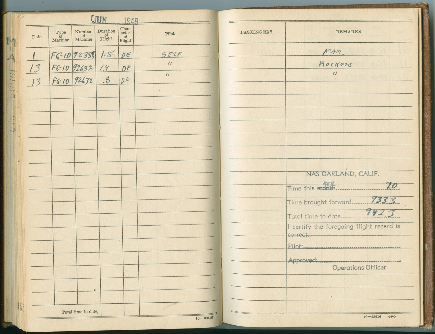 Pilot Flight Log Book Page - FG-1D Corsair Flights, NAS Oakland, June 1948