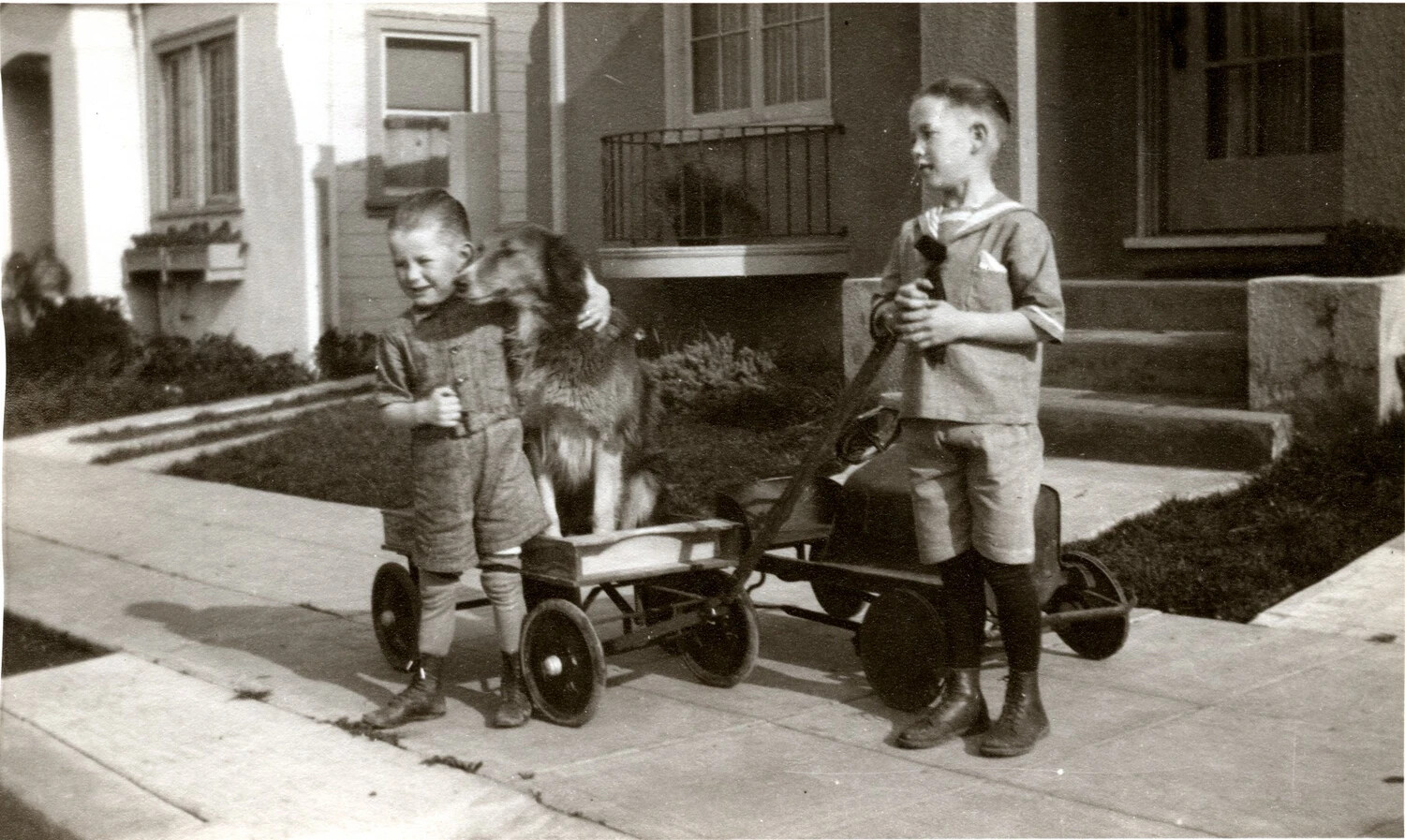 Two Boys with Wagons and Family Dog on Residential Sidewalk, Early 20th Century