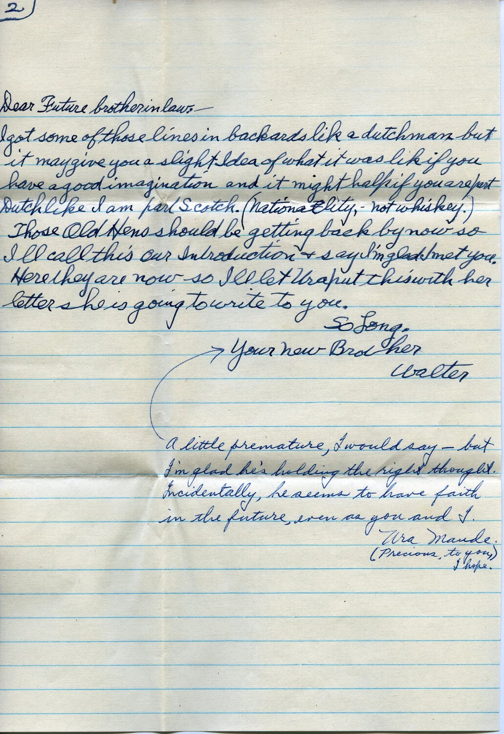 Handwritten Letter, Page 2, from 'Walter' with Postscript by 'Ura Maude,' Wagener Family Correspondence