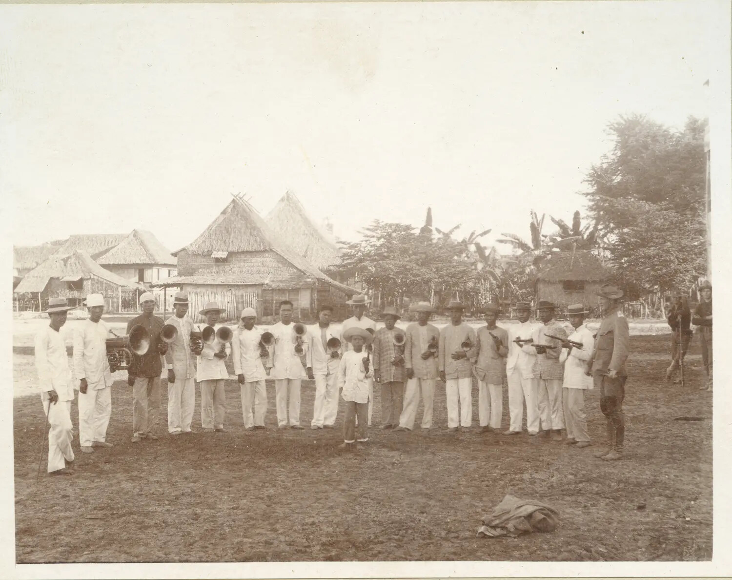 Filipino Town Brass Band Assembled Before American Soldier, Philippine-American War Era
