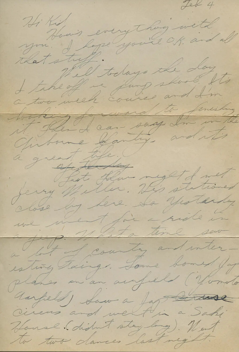 Handwritten Letter, February 4th, Airborne Jump School and Occupied Japan Anecdotes, Moon/Sammiet Collection