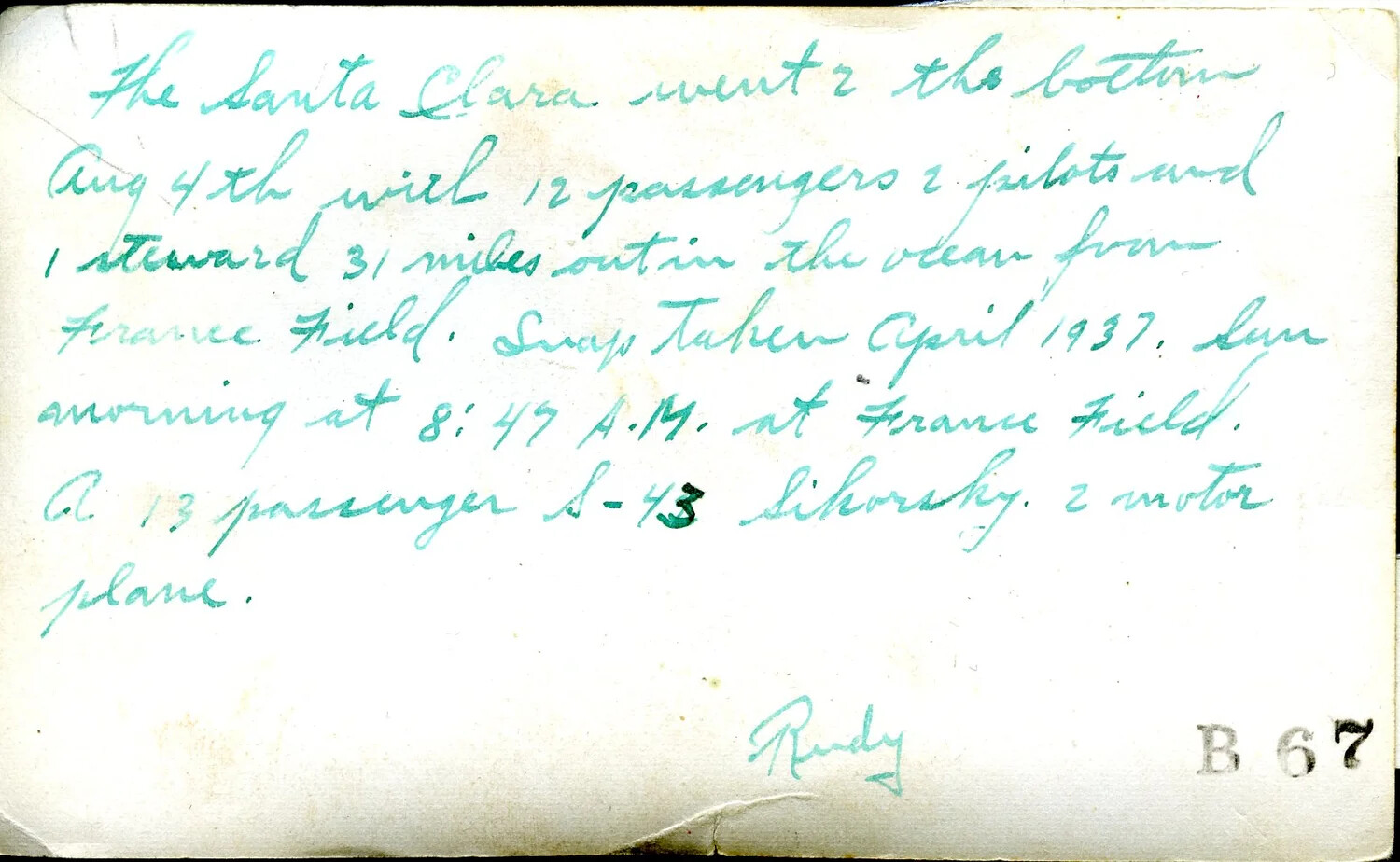 Handwritten Note on Sikorsky S-43 "Santa Clara" Crash, Panama Canal Zone, 1937