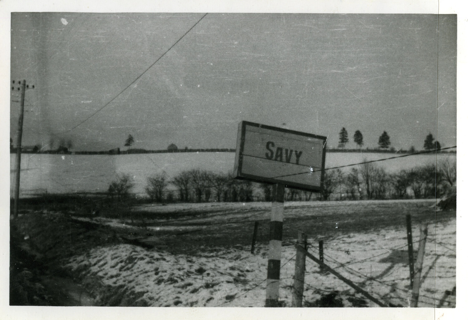Village Sign for Savy, Belgium, in Snow-Covered Countryside — Ardennes Campaign, Winter 1944-45