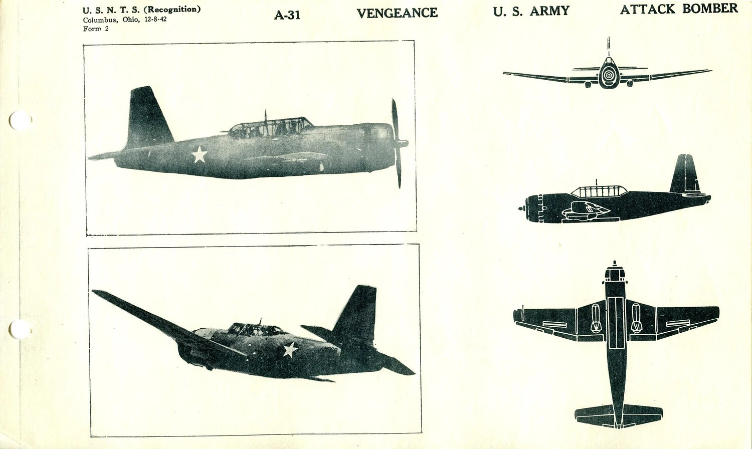 USNTS Aircraft Recognition Training Card: A-31 Vengeance, U.S. Army Attack Bomber (Form 2, 12-8-42)