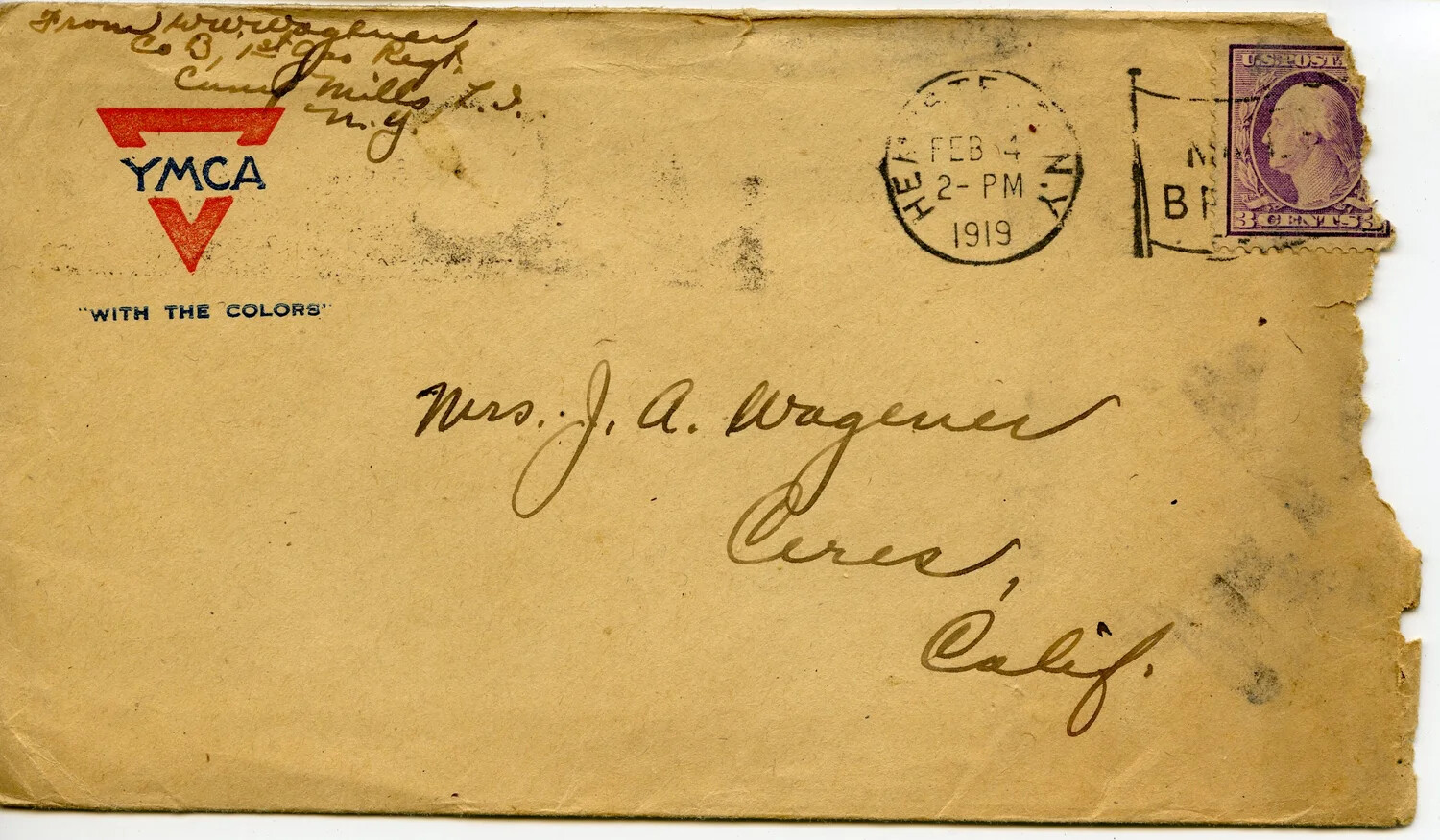YMCA-Issue Mailing Envelope, Pvt. Willis W. Wagener to Mrs. J.A. Wagener, Camp Mills, February 4, 1919