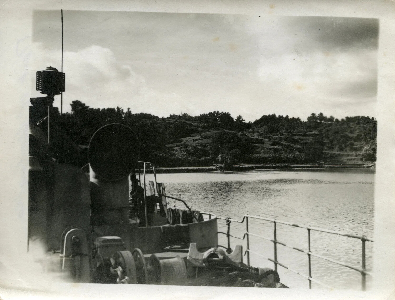 View from Bow of U.S. Navy Vessel Entering a Sheltered Pacific Anchorage, Okinawa Campaign, 1945